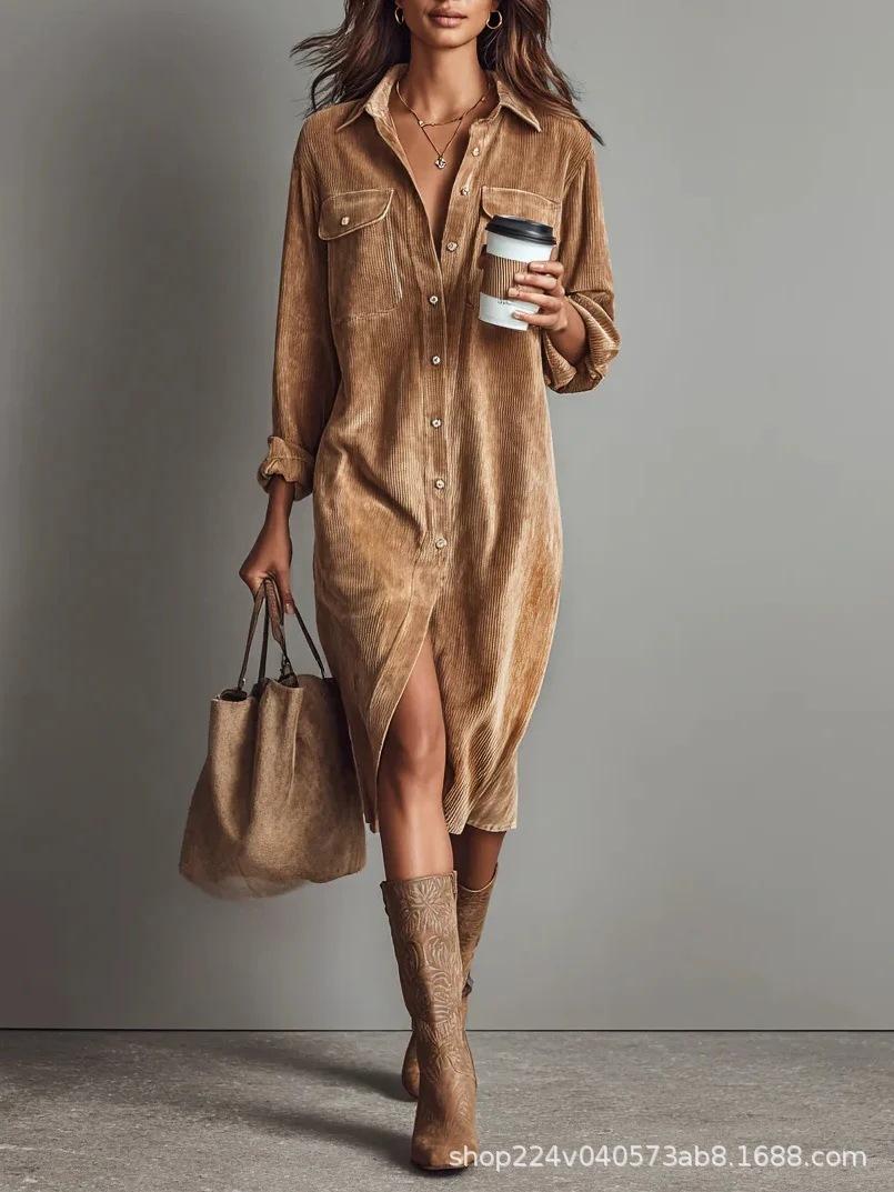 2026 European and American women s clothing elegant tooling wind cardigan pocket button corduroy shirt skirt dress S