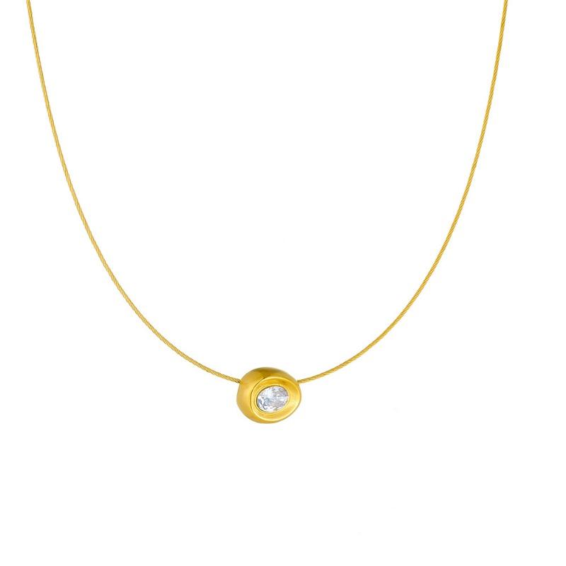 Gold Oval Cubic Zirconia Pendant Steel Wire Choker Necklace for Women