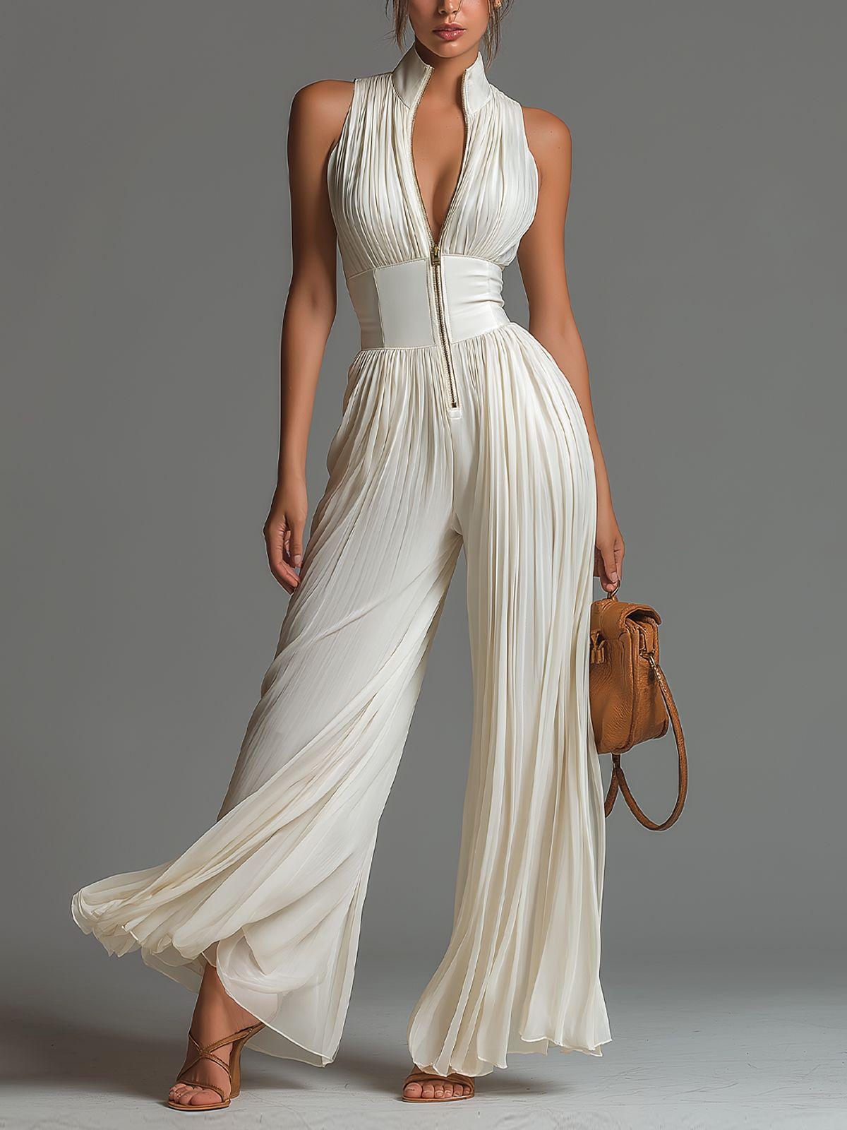 2026 new European and American style white pleated neck jumpsuit women s long wide-leg fashion sexy pleated women XS слоновая кость