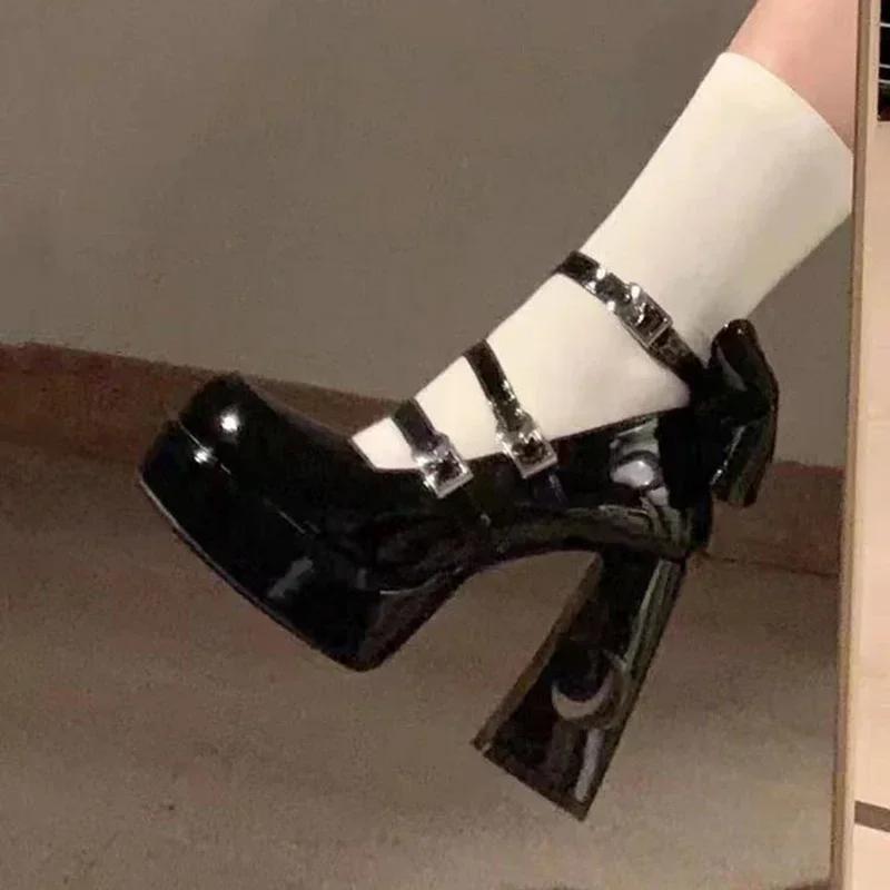 Spring Punk Y2k Chunky Platform High Heels Pumps Women Thick Heel Mary Jane Lolita Shoes Woman Patent Leather Cosplay Shoes