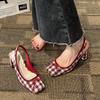 Fashion Plaid Square Toe Thick Heel Women Shoes 2025 New Bowknot Square Head High Heel Casual Sandals for Women Sandalias