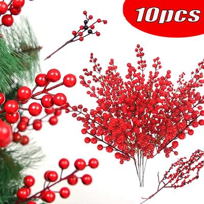 10PC Christmas Artificial Berries Branches Decor Xmas Red Berry Flowers Bouquet DIY Holiday Wreath Craft Home Party Ornament