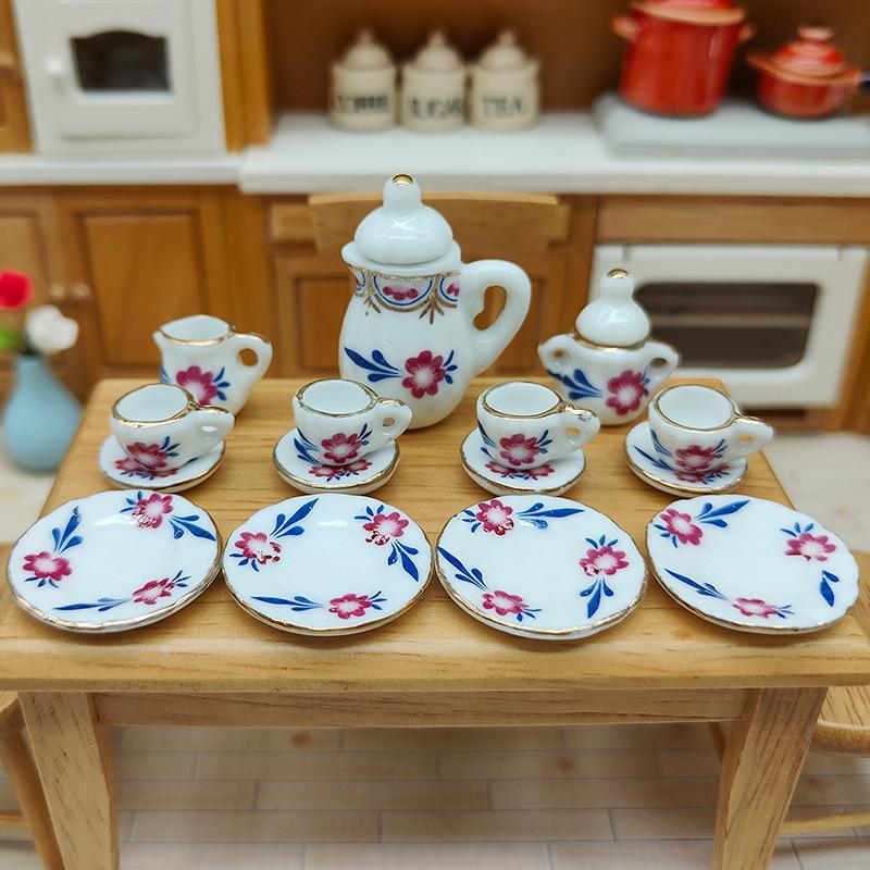 15Pcs Desk Top Mini Doll House Accessories Ceramic 7 Styles China Tea Cup Pocket Tea Set For Dollhouse Decor Kids Pretend Play