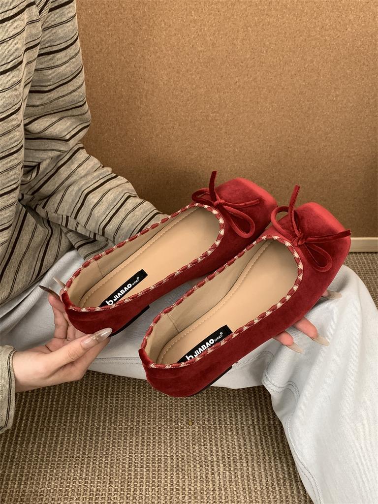 Square Head Retro Small Red Bow Shallow Mouth Evening Single Shoes Women's 2025 New Ballet Gentle Grandma Shoes