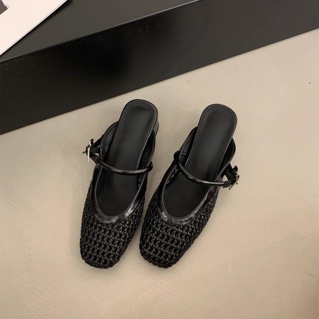 Französische handgewebte ausgehöhlte Pantoletten mit dickem Absatz Baotou halbe Hausschuhe Kinder tragen Sommer neue Mary Jane Sandalen