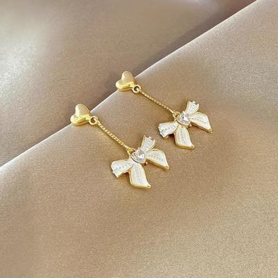 High-End Alloy Bow Earrings Women's Niche Fresh Heart Zirconia Fringed Elegant Earrings New Style Fashion Jewelry