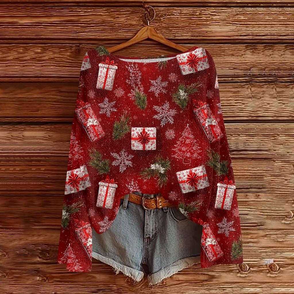 Women's Casual Fashion Round Neck Top Christmas Print Long Sleeve Knit Pullover