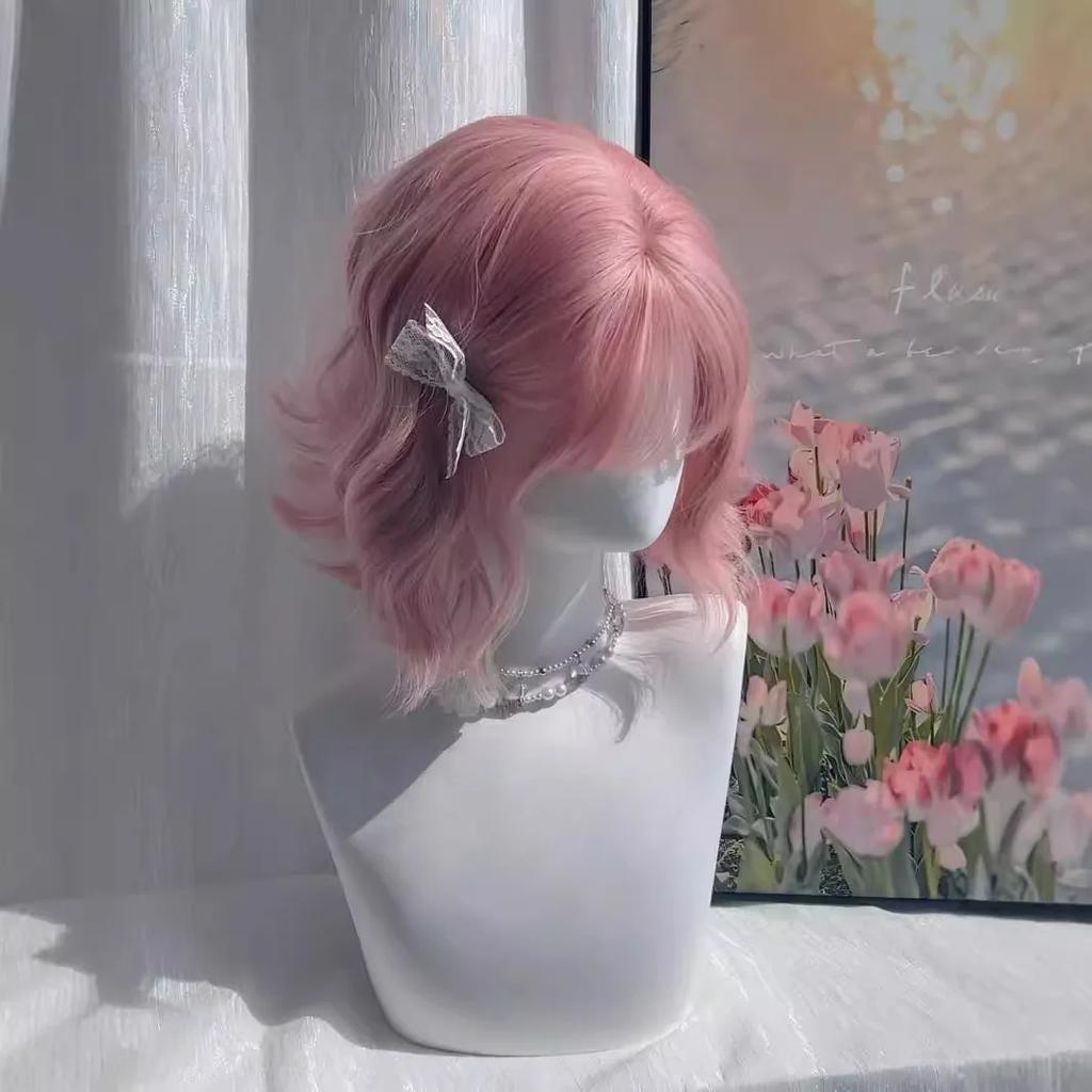 Ashely Pink Wig Short Bobo Curly 14inch Sweet Cosplay Wigs for Women Lolita Headband Wig Heat Resistant Matte Synthetic Wigs