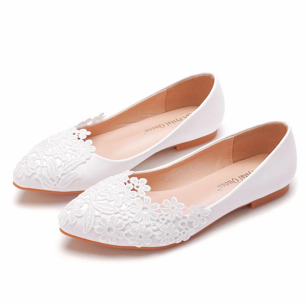 Plus Size 34-43 Shoes for Women White Flats Lace Wedding Shoes Casual Pointed Toe Princess PU Shoes Slip on Zapatos De Mujer