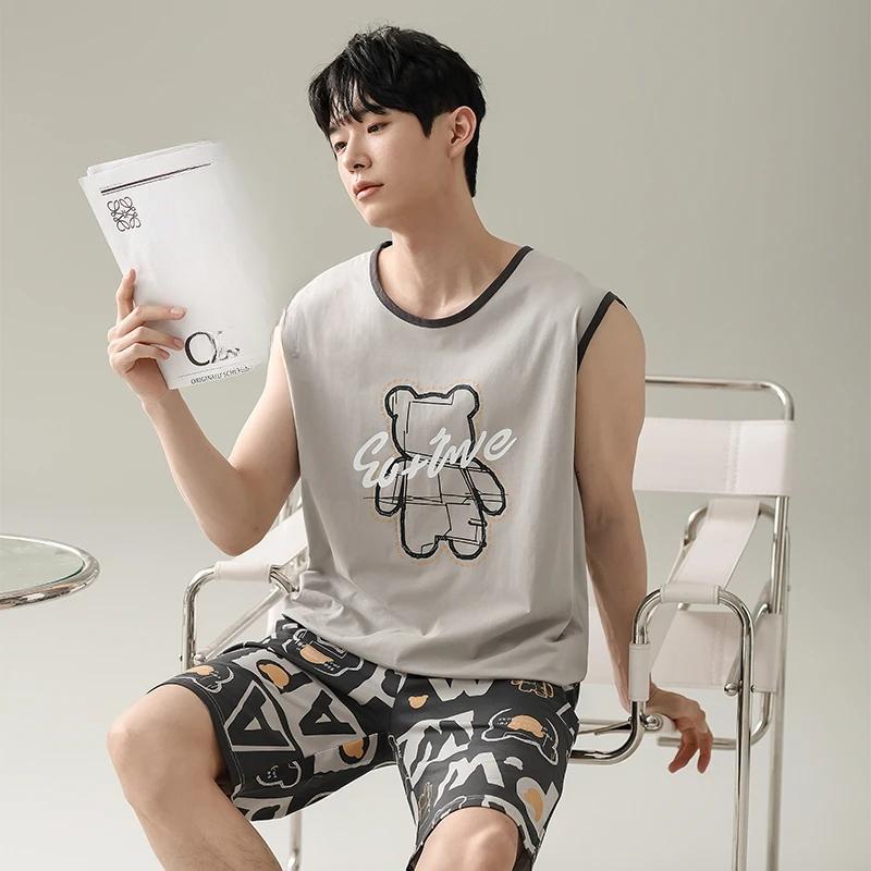 Cartoon Bear Sleeveless Pajamas Set for Men Modal Soft Nightwear Summer Shorts Sleepwear Young Boy Homewear
