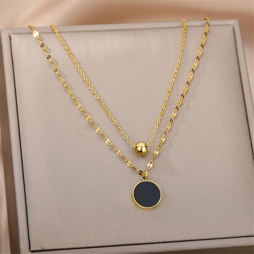 Elegant Round Charm Double Layer Necklace Titanium Steel Clavicle Chain for Women Adjustable Choker Wedding Accessory