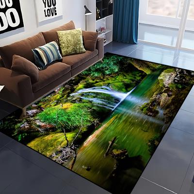 Natural Forest And Waterfall Landscape Vintage Boho Kitchen Mat Soft Thickened Kitchen Floor Mat Waterproof Non-slip Oil-proof Floor Mat Runner Rug