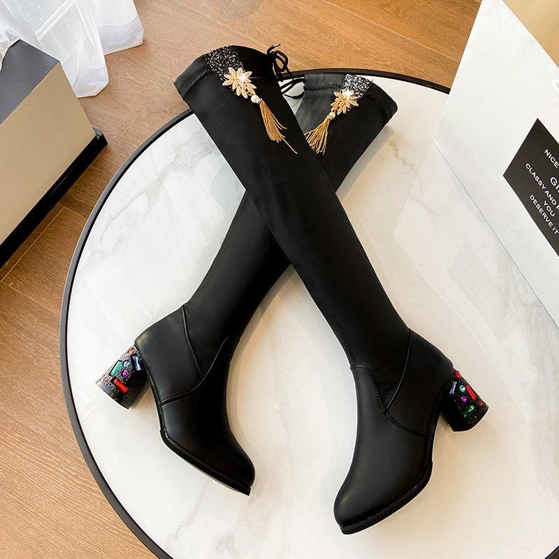 

Shoes for Women 2024 New Slimming Thigh Boots High Fashion Rhinestone High Heels Winter Sexy Black Leather Boots Zapatos Mujer