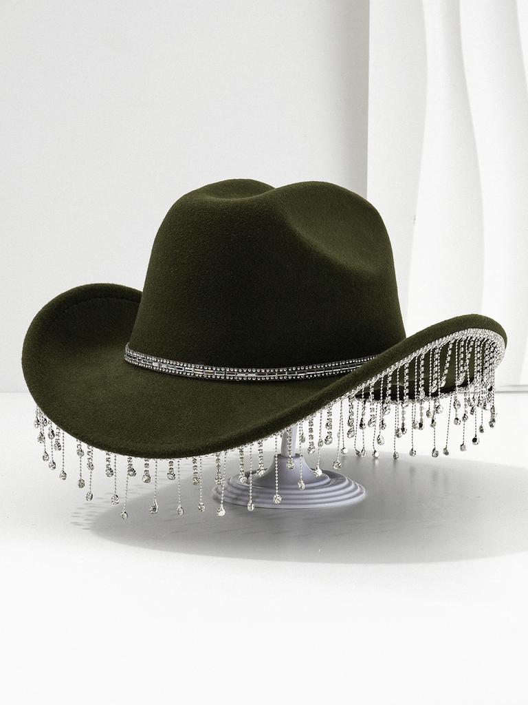 Cross-border Popular Women's Unique Sweet Top Hat Square Point Diamond Hat Chain with Rhinestone Tassel Suitable for Music Parties