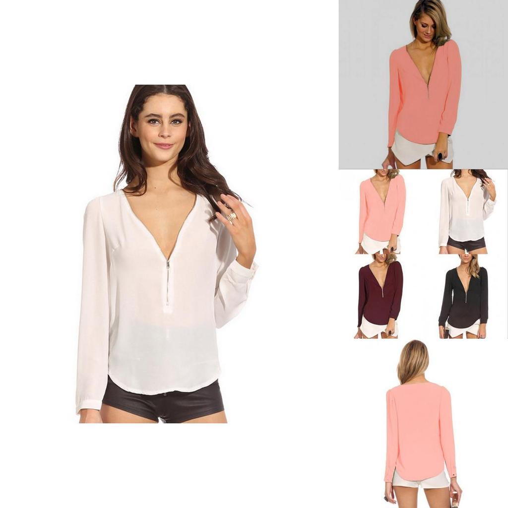 Elegant Women's Fashion Casual Autumn Blouse With V Neck And Long Sleeves Zipper Top