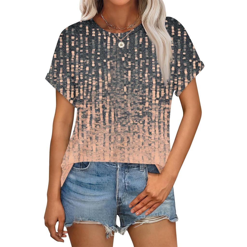 Haut Floral Décontracté Mode Femme Col Rond Manches Courtes Ourlet Roulotté