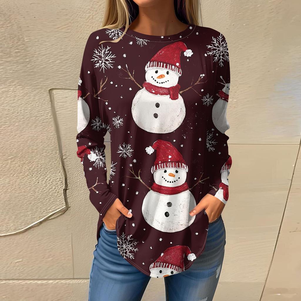 Women's Fashion Loose Round Neck Christmas Printed Long Sleeve T-Shirt Top