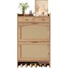 Modern Shoe Cabinet with Rattan Double Doors, 2 Drawers, Multi-level Storage, Narrow, for Hallway and Entrance, Wood Look, 65 × 25 × 106 Cm
