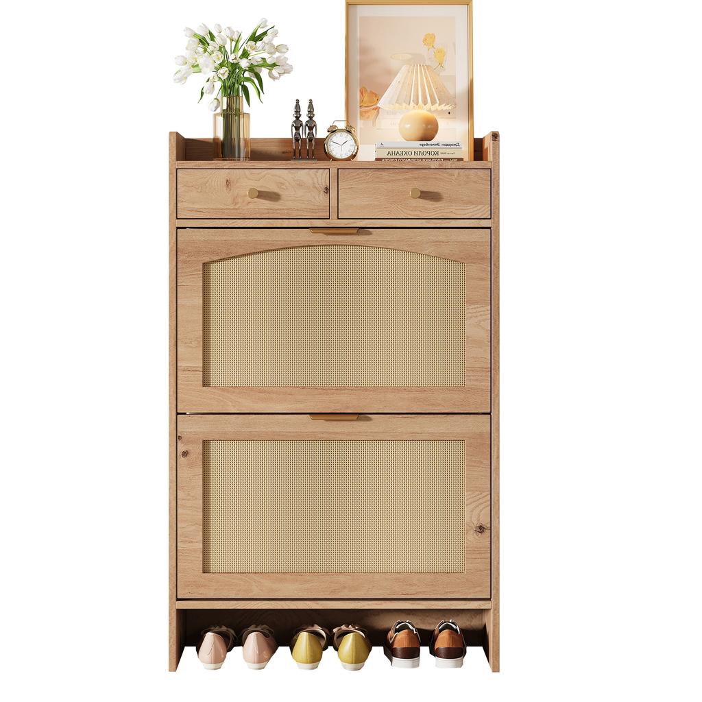 Modern Shoe Cabinet with Rattan Double Doors, 2 Drawers, Multi-level Storage, Narrow, for Hallway and Entrance, Wood Look, 65 × 25 × 106 Cm