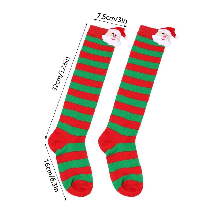 Cartoon Santa Christmas Stockings for 6-10Y Children Over the Knee Socks for Little Girls Unisex Winter Striped Socks