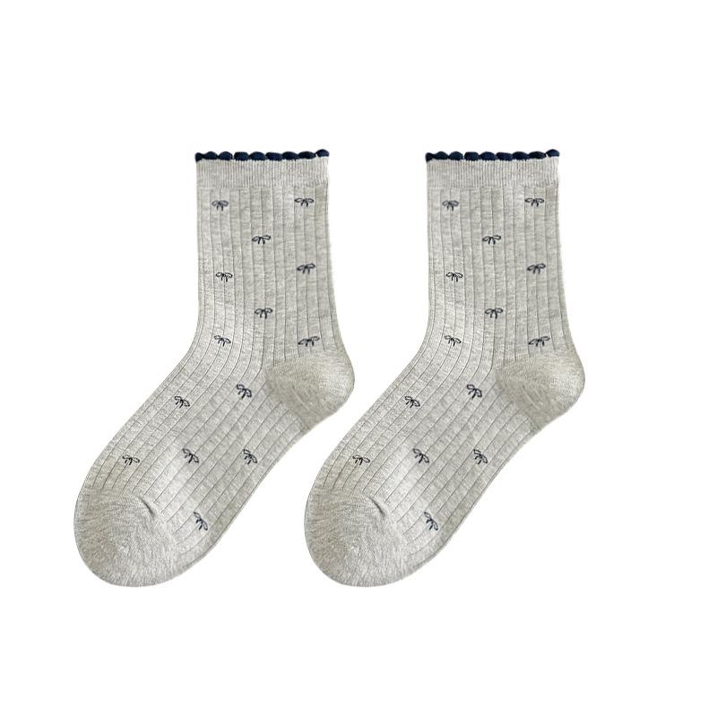 Sock Flowered Lace Socks for Spring and Summer Cotton Socks with Bows, Gray and White Mesh Breathable Women's Socks, Sweet Mid-calf Socks