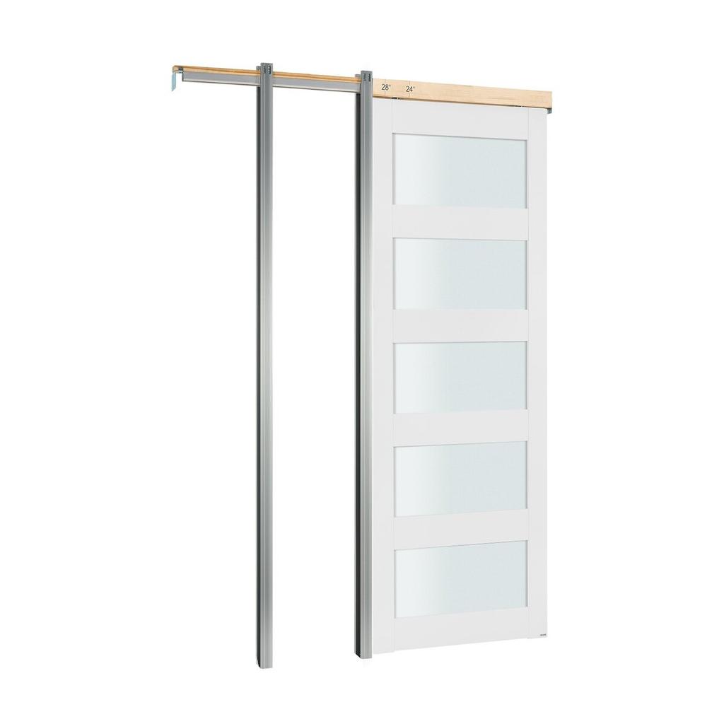 Sliding Pocket Door, 765 x 2035 mm, 5-Lite Frosted Glass Single Sliding Door with Hardware Kit, Sturdy Solid Wood & MDF Pocket Doors Slab with