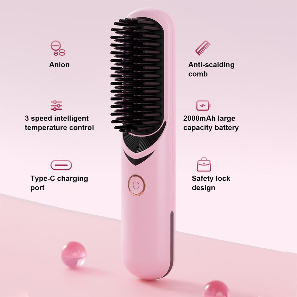 Cordless Hair Straightener Brush 3 Temp Adjustable Fast Heating Portable Travel Negative Ion Hot Brush Electric Curly Hair Styling Detangling Comb