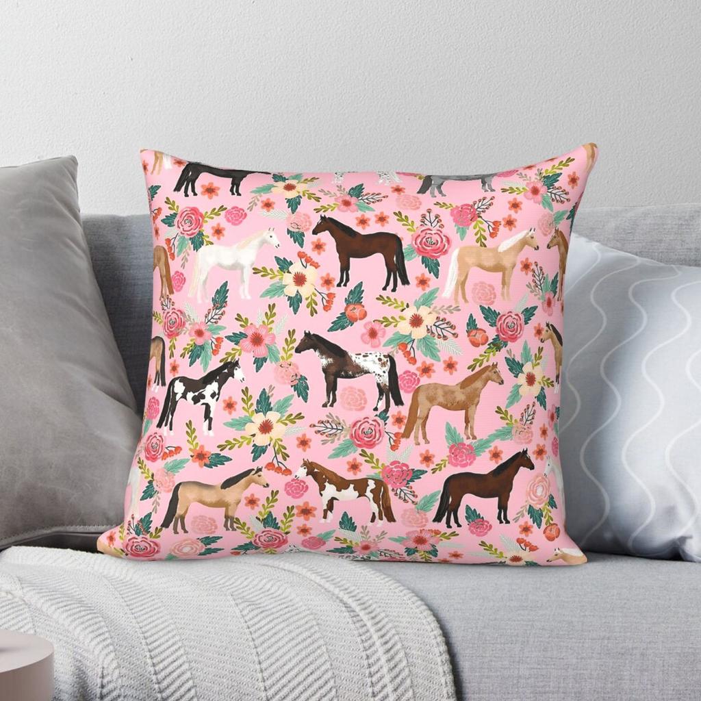 Horses Floral Farm Animal Pets Square Pillowcase Polyester Linen Velvet Creative Zip Decor Home Cushion Cover x