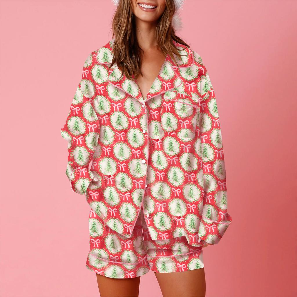 Women Christmas Pajama Shorts Set Santa Colorful Print Nutcracker Pjs Long Sleeve Shirt Shorts 2 Piece Holiday Loungewear