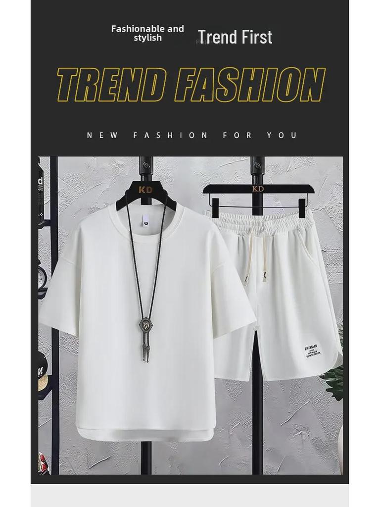 Men's Korean Summer Waffle Short-Sleeve T-Shirt & Casual Sports Two-Piece Set