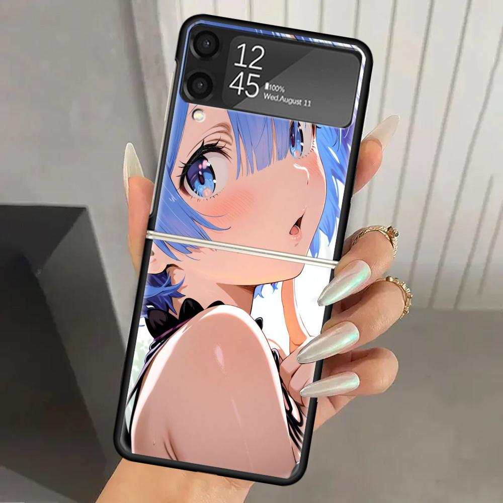 R-Rem Re Zero Anime Hard PC Phone Case For Samsung Galaxy Z Flip 7 6 5 4 3 Black ZFlip7 ZFlip6 Flip5 Flip4 Flip3 5G Print Cover