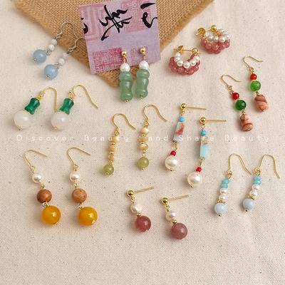 New Chinese Natural Stone Earrings, Handcrafted Colorful Beaded Vintage Drops for Women, Unique Gift for Hanfu Qipao Fashion