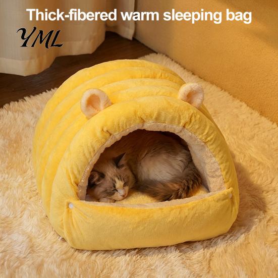 Resilient PP Cotton Cat House Cave Bed, Warm Semi Enclosed Hideaway, Winter Sleeping Easy Care Washable Pet Bag with Snap Buttons, Cozy Calming