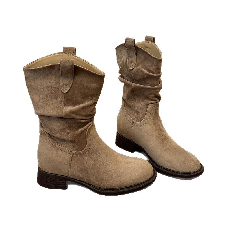 Soft Leather Version~ Western Pleated Short Boots Women'S Stacking Boots Retro British Style Small Inner Height Increase Short Martin Boots