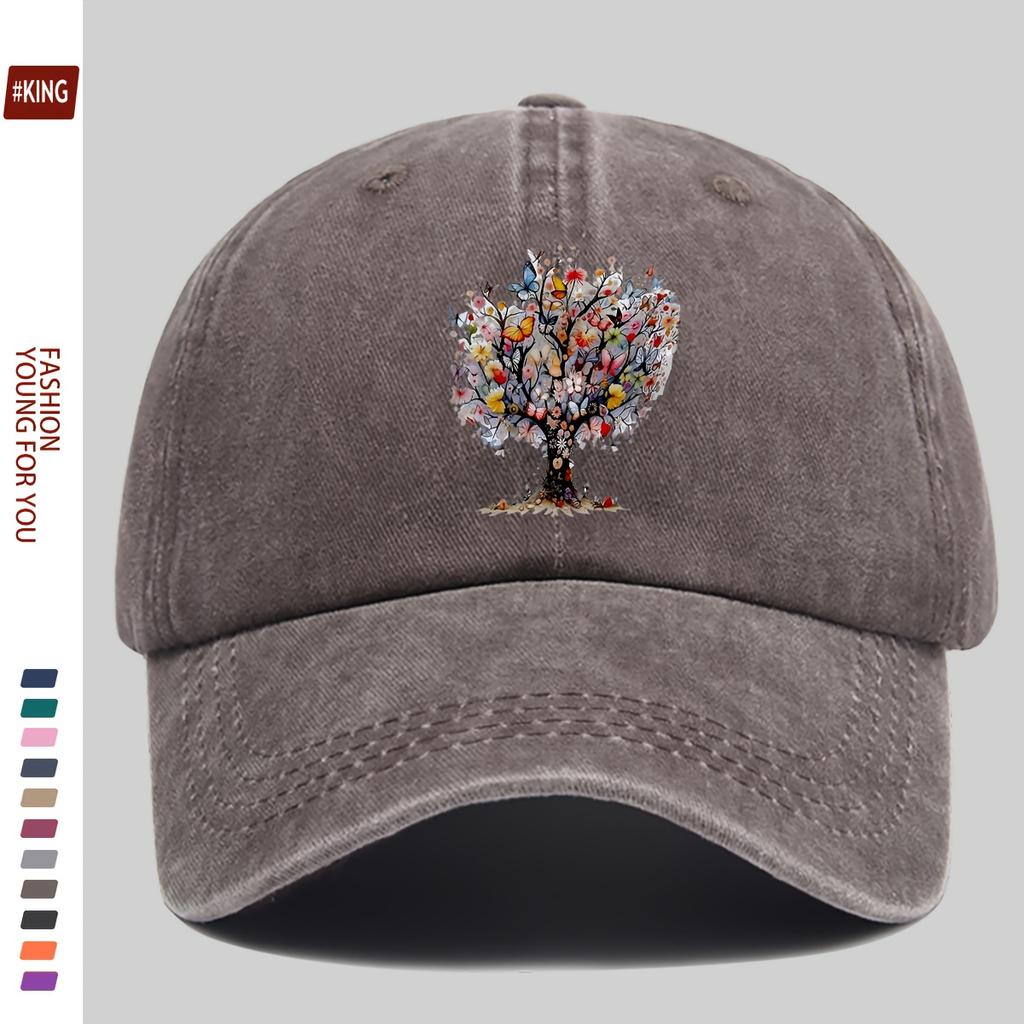 Floral Tree Butterfly Print Baseball Cap Cotton Casual Adjustable Sun Hat Unisex Outdoor Vintage