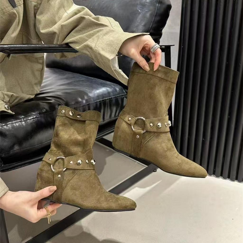 Inner Height Increasing Suede Western Cowboy Boots Women's Boots 2025 Autumn Pointed Brown Merad Liuding Martin Boots