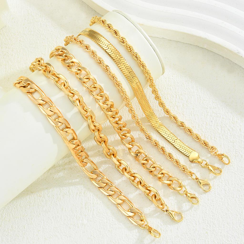 6pcs Simple Punk Gold Color Chain Bracelet Set Chunky Metal Link Chain Twisted Designs Multi Layered Bracelets For Women Jewelry