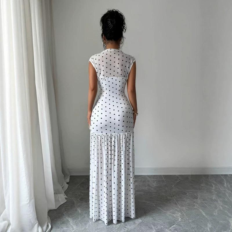 European and American women's summer fashion and elegance polka dot printing chest folds waist sleeveless long dress women