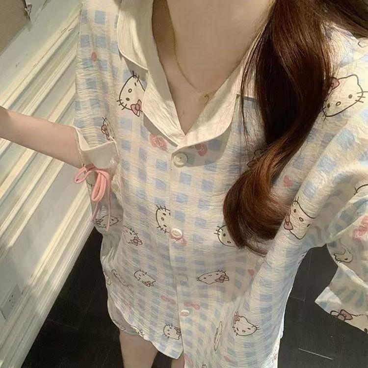 

Korean version plaid Hello Kitty girl pajamas summer short-sleeved shorts cardigan lapel set lazy style loungewear s [recommended weight 35-40kg ]
