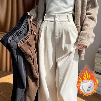 Women's High-Waisted European Cotton Fluff Wide-Leg Thick Fleece Pants for Spring, Autumn, Winter