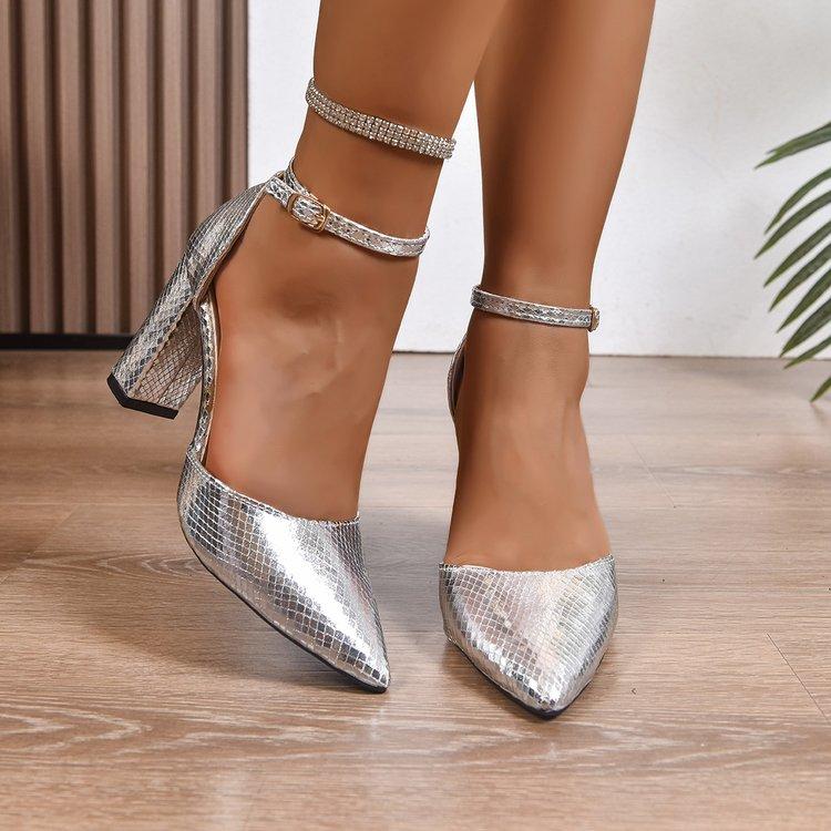 2025 Spring and Summer New French One Buckle Strap High Heels Block Heel Fashion Pointed Toe Women's Singles