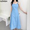 VONDA Women Elegant Sleeveless Casual Slim Waist Long Pleated Tank Dress
