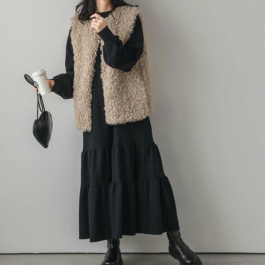Autumn Women's Loose Mid-Length Patchwork Ruffled Hem Sweatshirt Dress Long Sleeve Knee-Length Dress