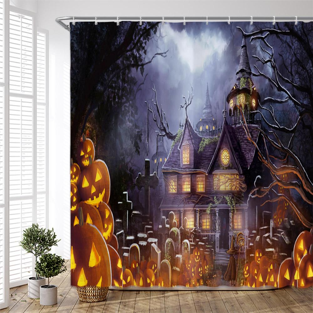 Halloween pumpkin Lantern Shower Curtain Bathroom The Terrible  Forest Wood Ghost House Tombstone Fabric Bathroom Curtain Set