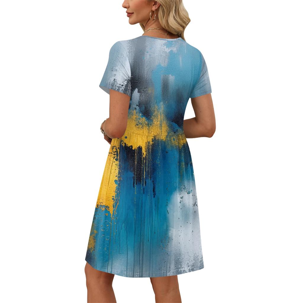 Dresses For Women Short Sleeve Print Round Neck Casual Dresses Waist Dress With Pockets