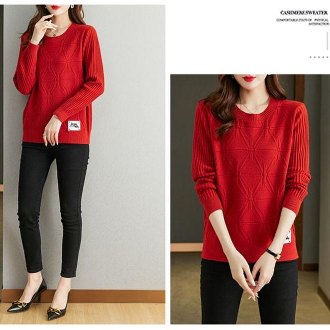 Fall Winter Women Plus Size Sweater Loose Short Pullover Knitwear Sweater Jacquard Crew Neck Stretch Jumper Knit Top