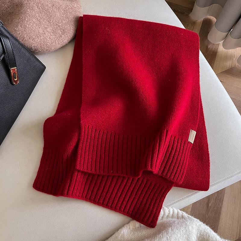 High-grade 100 Wool Scarf Women's Winter Thickened Warm High-end Sense Simple Monochrome Knitted Versatile Scarf Gift