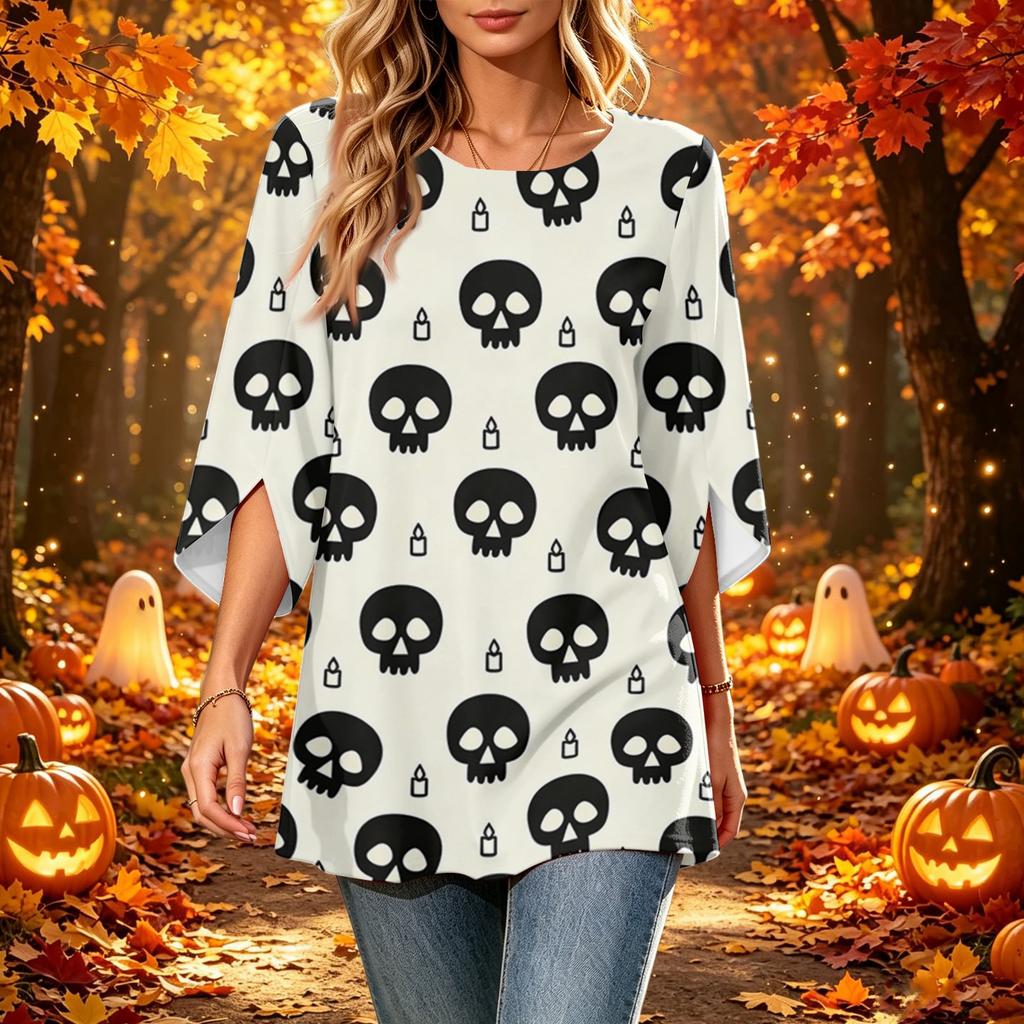 Women's Halloween Printed Casual Loose Fit Round Neck Three-Quarter Sleeve Top