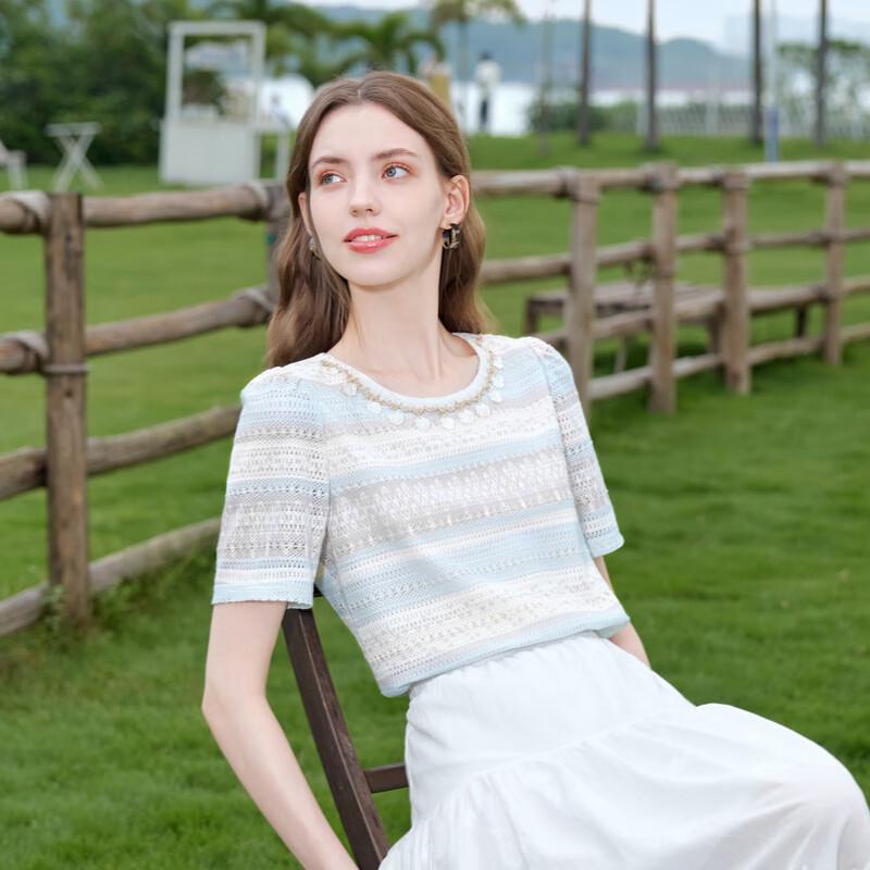 Betu Women's Striped Short Sleeve Blouse with Ribbon Detail