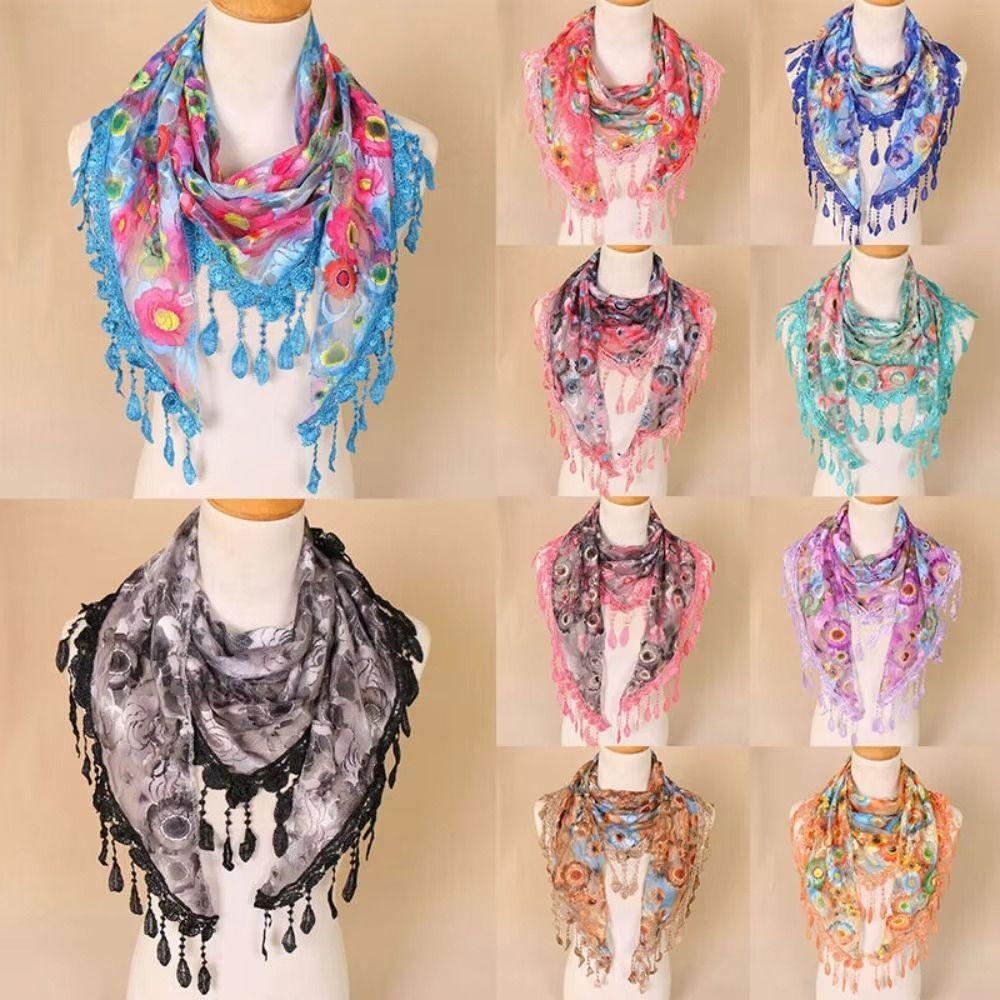 Sun Protection Lace Scarf with Tassel Flower Triangle Headband Cute Printed  Wraps  Beach